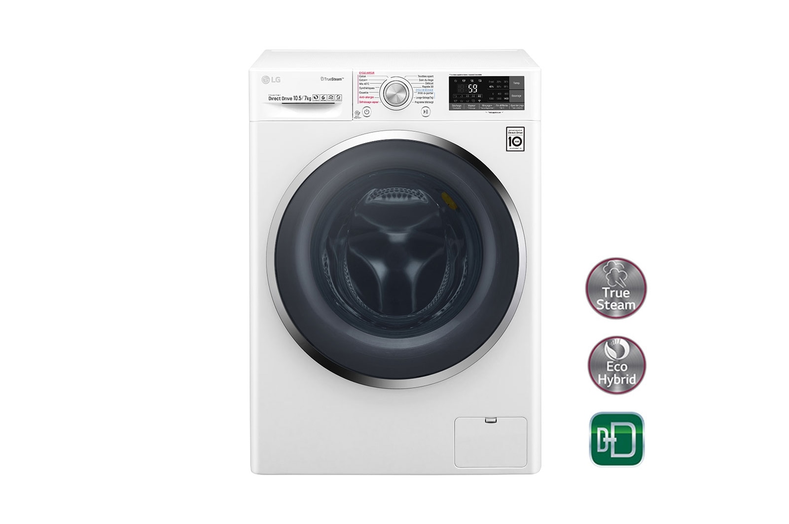 Vue avant de Lave-linge séchant 10,5/7 KG | TrueSteam™ | EcoHybrid  | Wi-Fi | 6 Motion Direct Drive™ | Smart Diagnosis™ | Moteur Direct Drive™ garanti 10 ans | Compatible TWINWashTM Mini LG F174J82WRHT