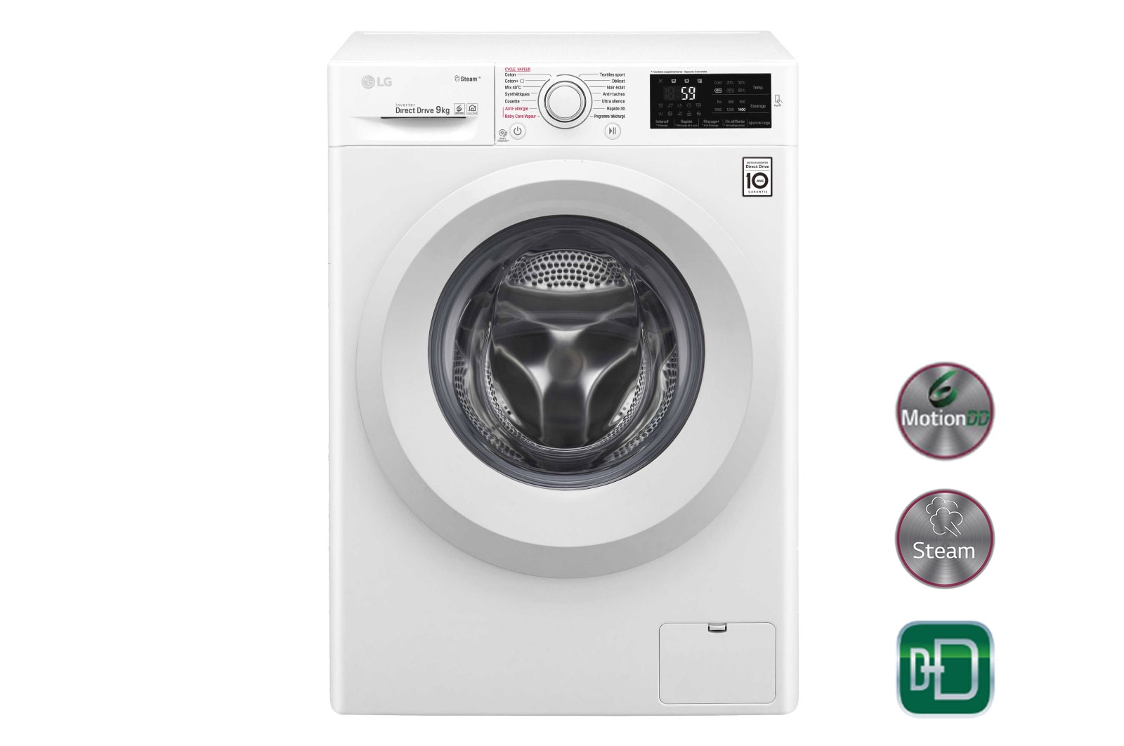 Vue avant de Lave-Linge 9KG | Steam™ | 6 Motion Direct Drive™ | A&#43;&#43;&#43;-20% | Smart Diagnosis™ | Moteur Direct Drive™ – Garanti 10 ans LG F94J53WHS
