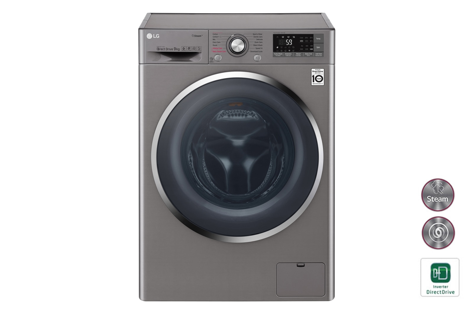 Vue avant de Lave-Linge 9KG | TurboWash™ | Steam   | Wi-Fi | 6 Motion Direct Drive™ | A&#43;&#43;&#43;-30% | Smart Diagnosis™ | Moteur Direct Drive™  garanti 10 ans | Compatible TWINWash™ Mini LG F94J72STST