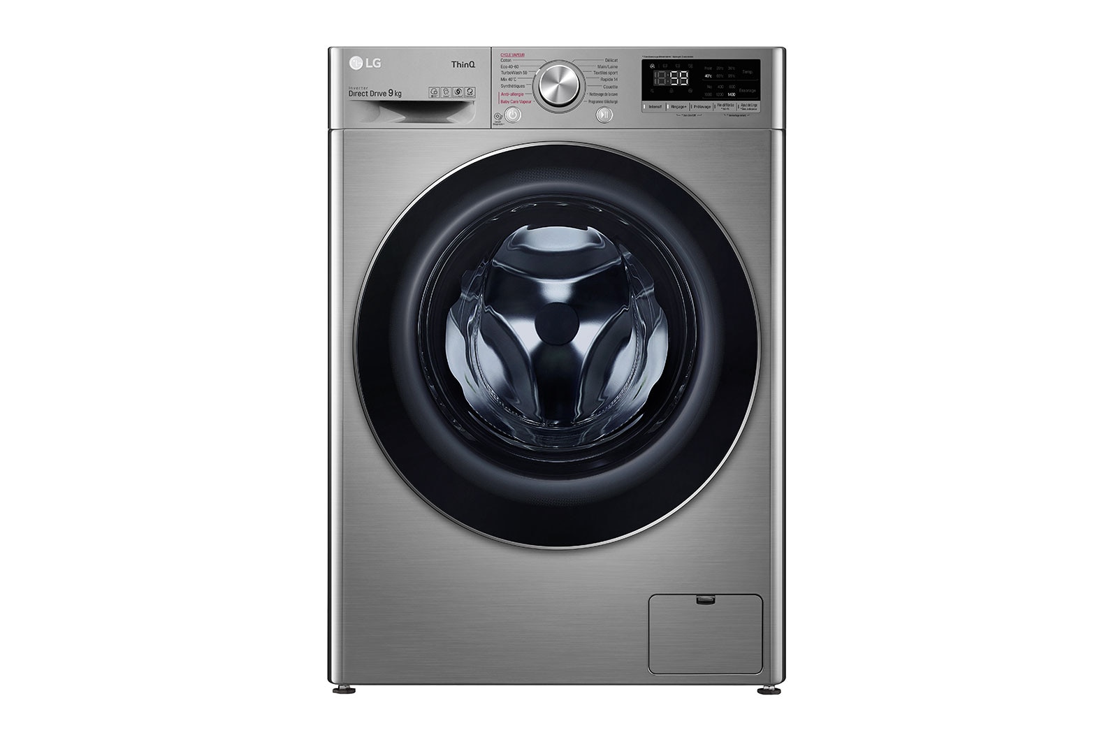 Vue avant de Lave-linge 9 KG - 68L | AI Direct Drive™ | Moteur Direct Drive™ garanti 10 ans | TurboWash™ | 6 Motion™ | Steam™ | 54/71dB | B LG F94V52IXS