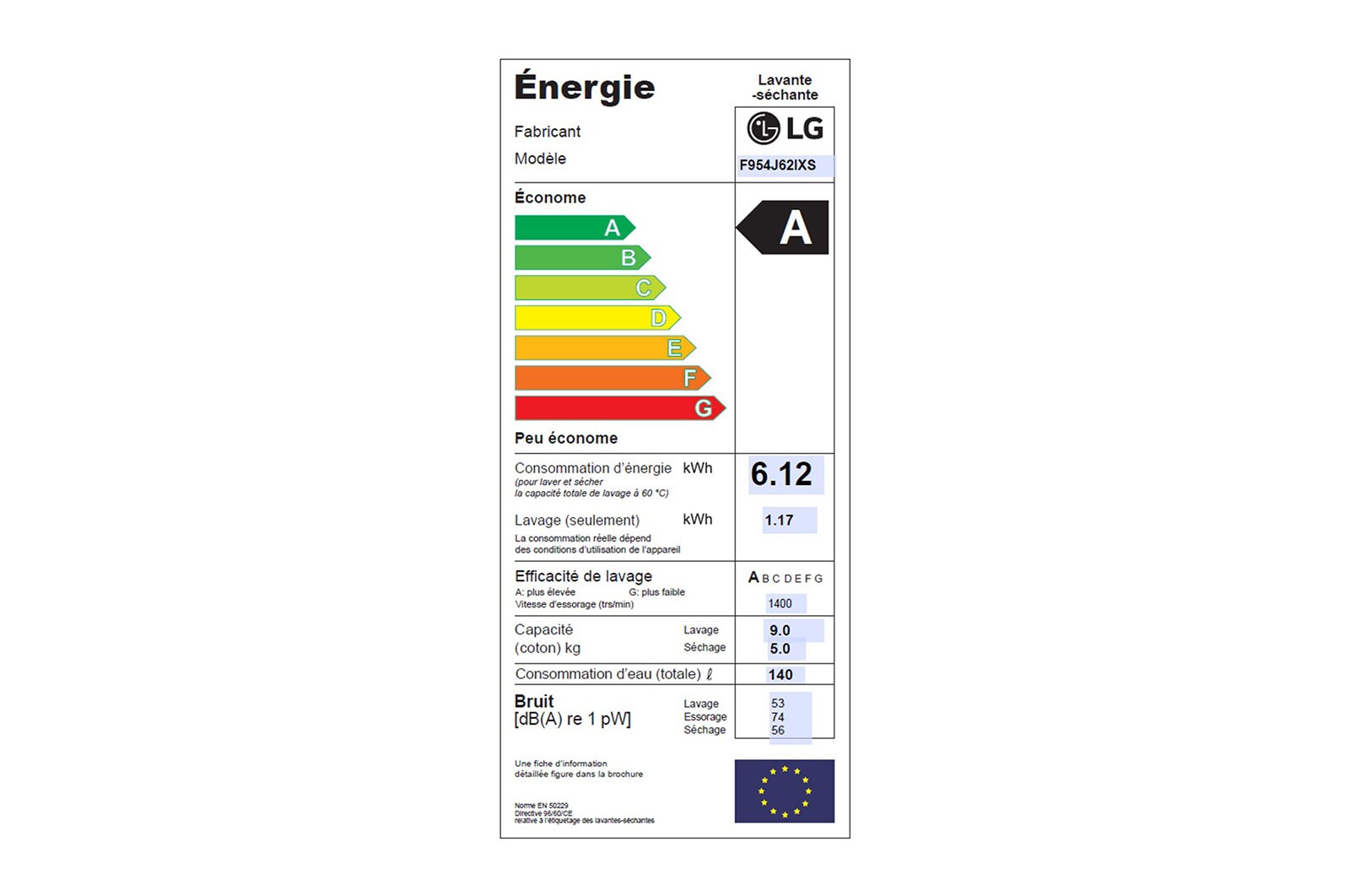 LG Lavante-séchante 9/5KG | 6 Motion Direct Drive™ | Moteur Direct Drive™ garanti 10 ans |  A, LG F954J62IXS