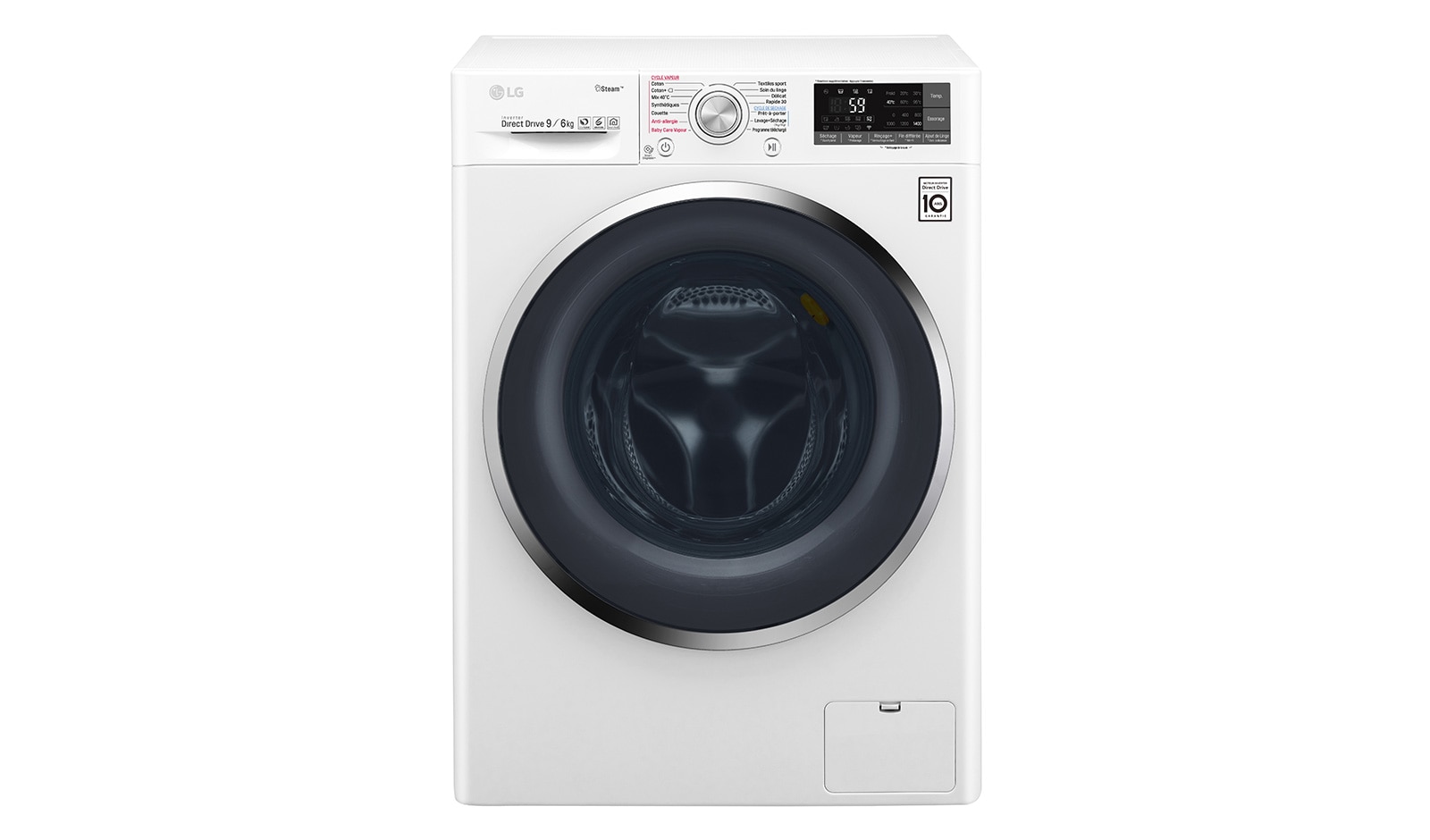 Vue avant de Lavante-séchante 9/6 KG | TrueSteam™ | EcoHybrid | 6 Motion Direct Drive™ | Wi-Fi | Smart Diagnosis™ | Moteur Direct Drive™ garanti 10 ans  LG F964J72WRH