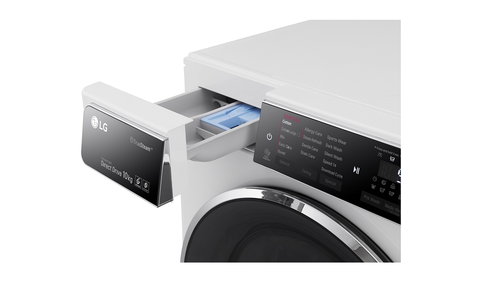 LG Lave-Linge 10KG | TurboWash™ | 6 Motion Direct Drive | Truesteam™ | Bandeau incliné tactile | Finitions chromées | Smart NFC Tag On, LG F14952WHS