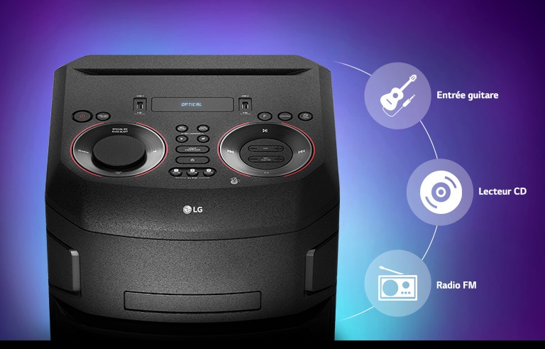 Gros plan du dessus de l’enceinte LG XBOOM autour de laquelle sont affichées les icônes de connectivité.