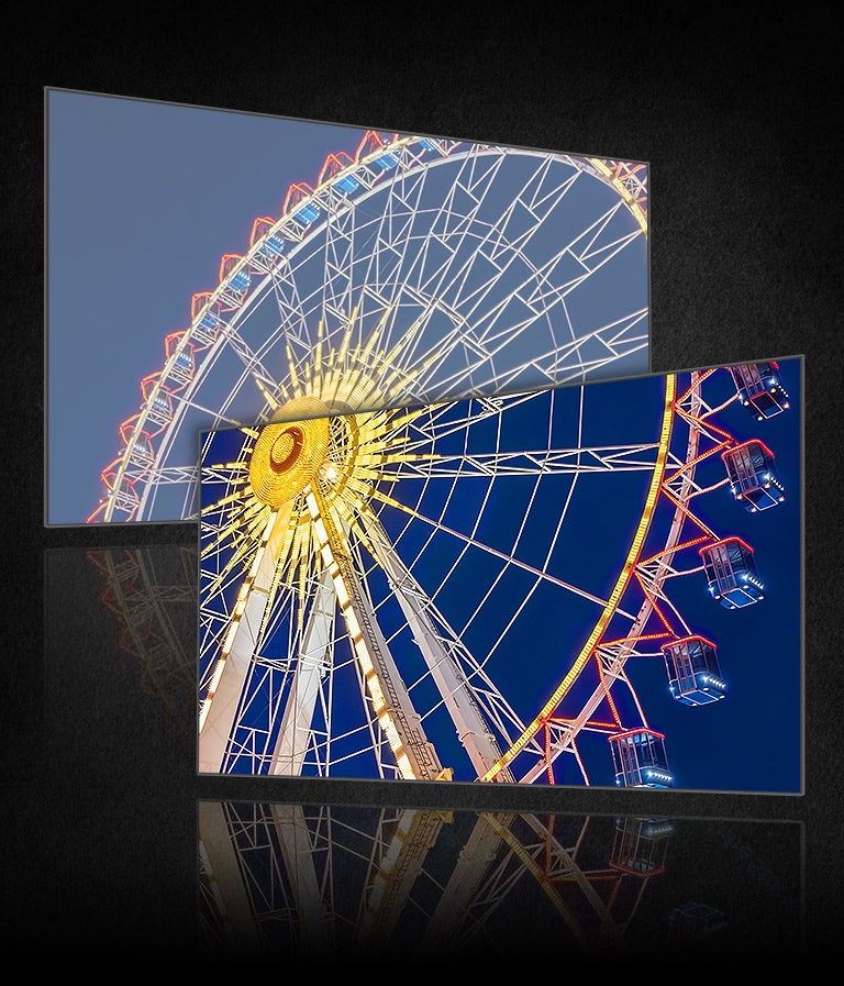 On peut voir l’image d’une grande roue divisée en deux écrans de télévision : celle de gauche semble plus pâle, tandis que celle de droite semble plus vive et lumineuse.