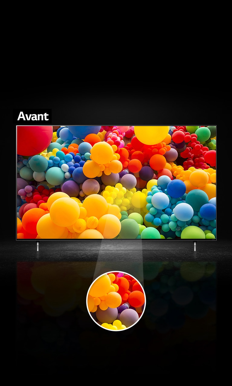 Vue de face de l’écran QNED et un mélange de ballons aux couleurs de l’arc-en-ciel à l’écran. Le texte indique « Avant » sur le dessus du téléviseur. Une partie centrale de l’écran est mise en évidence dans une zone circulaire séparée.