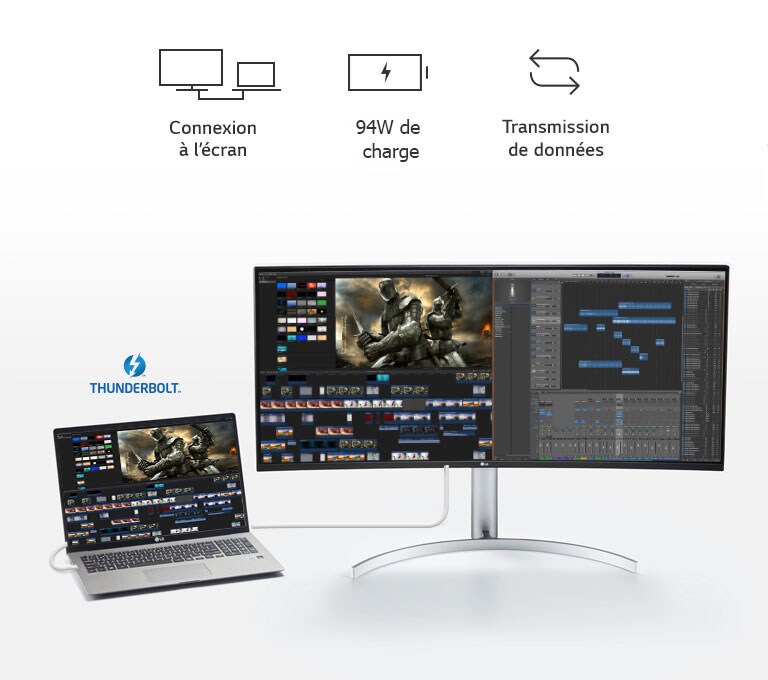 Connexion de l'écran  |  94W de charge  |  Transmission des données (LOGO image) THUNDERBOLT™