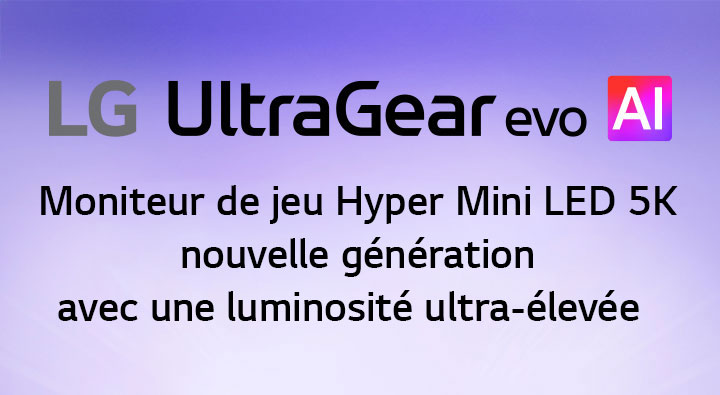 Logo UltraGear™ evo AI dans une pièce futuriste, éclairée par des néons.	