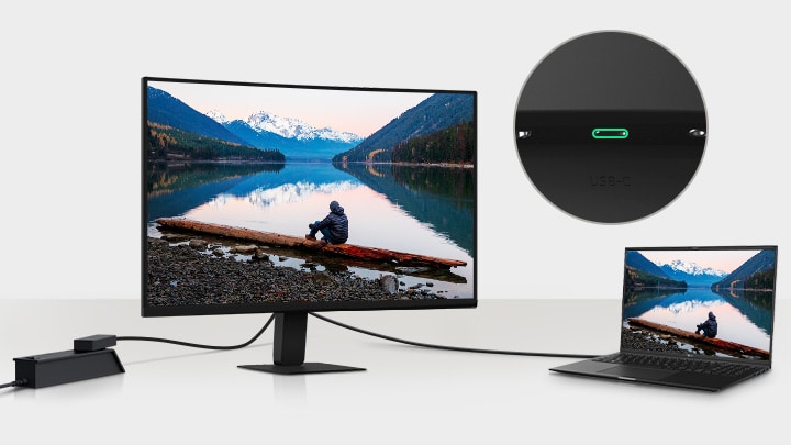 Une image d’un ordinateur portable et d’un moniteur connectés par un seul câble USB-C.