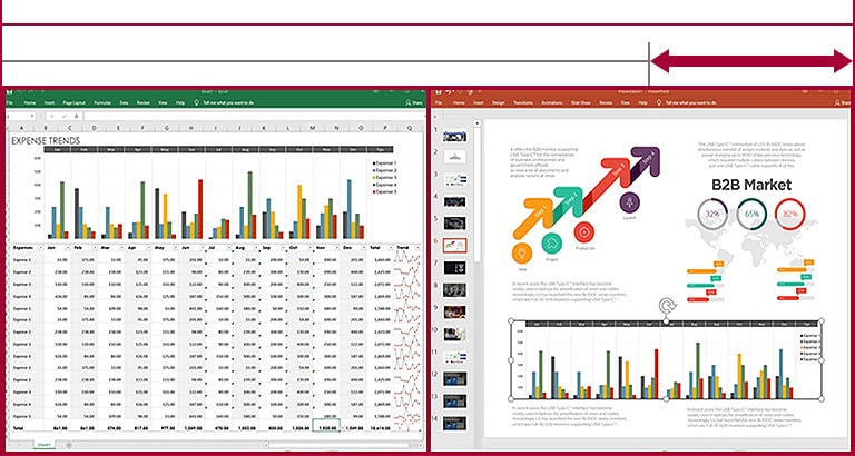 Image avec des tableaux et diapositives côte à côte sur l’écran 21:9 UltraWide Full HD, en comparaison avec un écran 16:9 Full HD LG