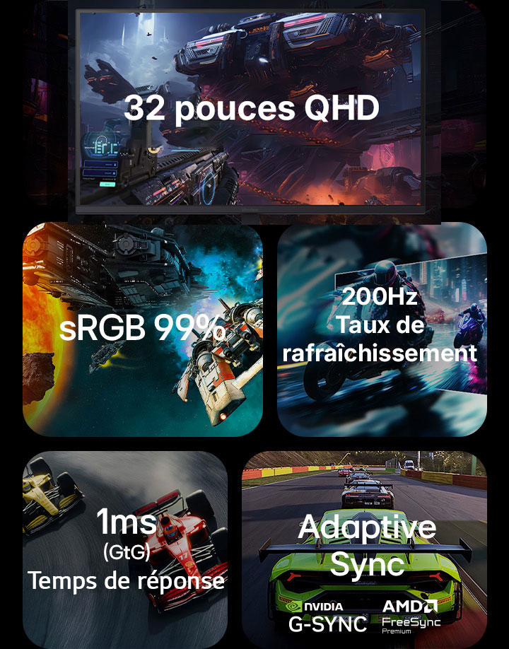 Collage de fonctionnalités très intéressantes du LG UltraGear™ 27G610A dans la zone : cadre du moniteur avec texte « 27″ QHD 2560×1440 » ; scène de science-fiction avec le label « sRGB 99% (Typ.) & VESA DisplayHDR™ 400 » ; indique un moteur avec l'étiquette « 200 Hz » ; l'image est affichée avec le label « 1 ms (GtG) » ; et un gros plan d'un câble HDMI avec l'étiquette « HDMI 2.0 ».