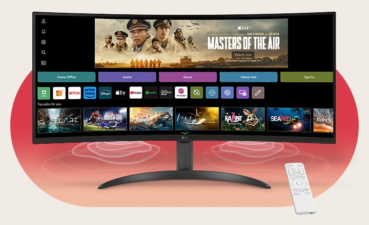 Sur l’écran du Smart Monitor est affichée l’interface webOS. Les ondes de l’enceinte émanent des coins au bas de moniteur et, sur le côté droit de l’écran, on voit une télécommande.