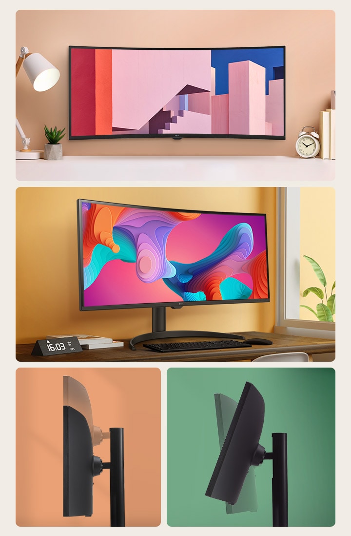 On voit un moniteur avec un bord fin, affichant l’écran à un angle de -5 degrés, et offrant une vue latérale pour mettre en valeur l’inclinaison et présentant une vue avant élégante.