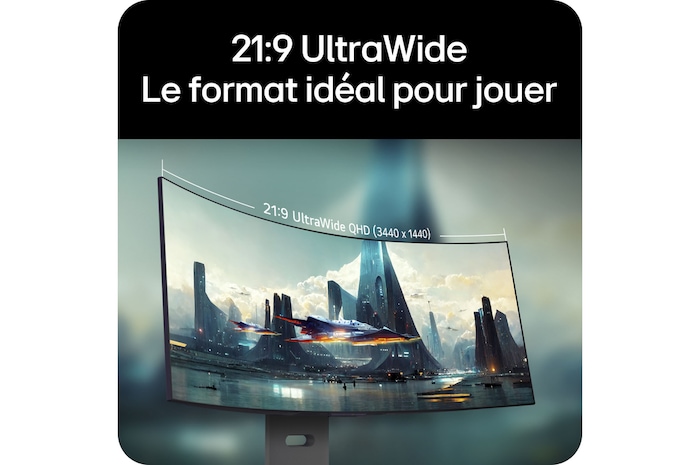 Moniteur LG 39GX900A en tant que LG UltraGear OLED est placé au centre d'un bureau de jeu premium avec vue sur la ville, offrant une immersion de jeu ultime avec son écran UltraWide.