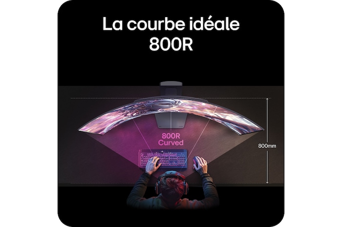 Moniteur LG 39GX900A présentant la courbure optimale 800R, qui englobe le champ de vision de l'utilisateur et offre une immersion maximale pour le jeu.
