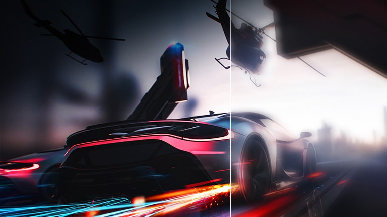 Le visuel montre deux animations comparées d'une voiture roulant dans le jeu. Les deux animations se ressemblent, mais la première qui n'applique pas un taux de rafraîchissement de 144Hz est moins claire que l'autre.