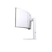 Vue arrière du Moniteur LG 34GX90SA au fini blanc, détaillant les spécifications des ports avec deux ports HDMI™, DP, USB-C et des connexions USB.