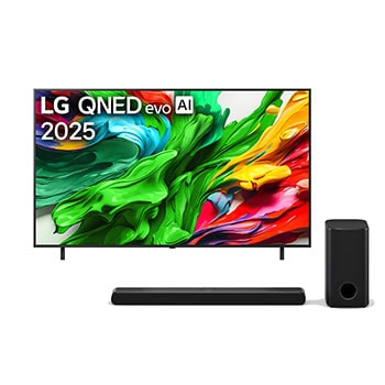 Front view of LG QNED evo TV, LG QNED evo AI Logo on the top left corner of the TV. LG QNED evo TV depicts colorful paintlike textures coming together in green, red, yellow, blue and purple.