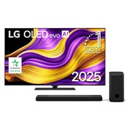 Front view of LG OLED evo AI G5 4K Smart TV. 12 Years of world number 1 OLED emblem and LG OLED evo AI 2025 logo are on the screen.