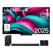 Front view of LG OLED evo AI C5 4K Smart TV. 12 Years of world number 1 OLED emblem and LG OLED evo AI 2025 logo are on the screen.