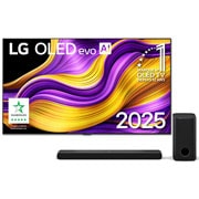 Front view of LG OLED evo AI G5 4K Smart TV. 12 Years of world number 1 OLED emblem and LG OLED evo AI 2025 logo are on the screen.