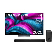 Front view of LG OLED evo AI C5 4K Smart TV. 12 Years of world number 1 OLED emblem and LG OLED evo AI 2025 logo are on the screen.