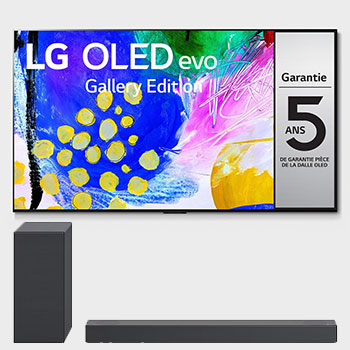 Vue de face du TV LG OLED evo, série G2 et de la barre de son LG S75Q