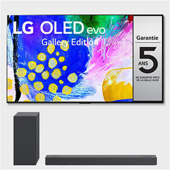 Vue de face du TV LG OLED evo, série G2 et de la barre de son LG S75Q