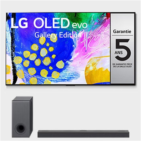 Vue de face du TV LG OLED evo, série G2 et de la barre de son LG S80QY