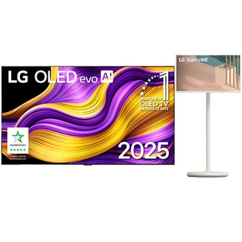 Front view of LG OLED evo AI G5 4K Smart TV. 12 Years of world number 1 OLED emblem and LG OLED evo AI 2025 logo are on the screen.
