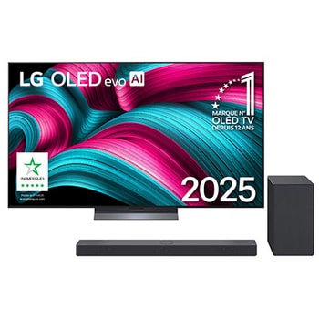 Vue avant de la Smart TV LG OLED evo AI C5 4K. L’emblème OLED numéro 1 dans le monde pendant 12 ans et le logo LG OLED evo AI 2025 sont à l’écran.