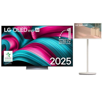 Vue avant de la Smart TV LG OLED evo AI C5 4K. L’emblème OLED numéro 1 dans le monde pendant 12 ans et le logo LG OLED evo AI 2025 sont à l’écran.