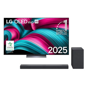 Vue avant de la Smart TV LG OLED evo AI C5 4K. L’emblème OLED numéro 1 dans le monde pendant 12 ans et le logo LG OLED evo AI 2025 sont à l’écran.