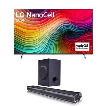 Vue de face du TV LG Nanocell, série NANO81 et de la barre de son LG SQC1