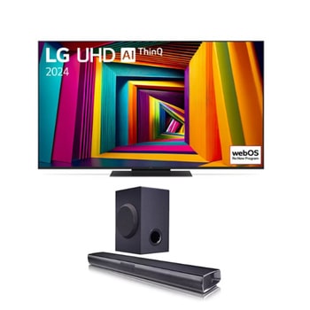 Vue de face du TV LG UHD 4K, série UT91 et de la barre de son SQC1