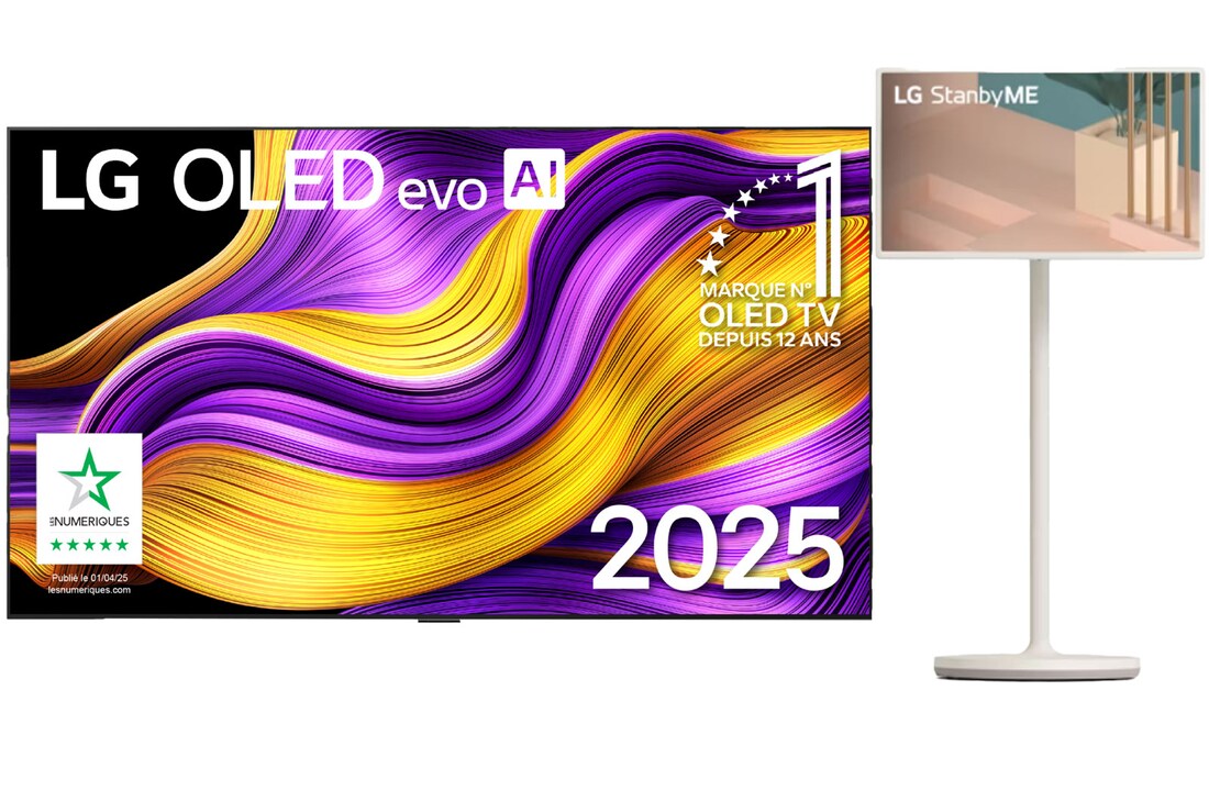 Front view of LG OLED evo AI G5 4K Smart TV. 12 Years of world number 1 OLED emblem and LG OLED evo AI 2025 logo are on the screen.