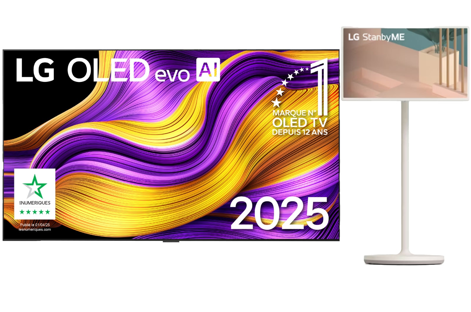 Front view of LG OLED evo AI G5 4K Smart TV. 12 Years of world number 1 OLED emblem and LG OLED evo AI 2025 logo are on the screen.