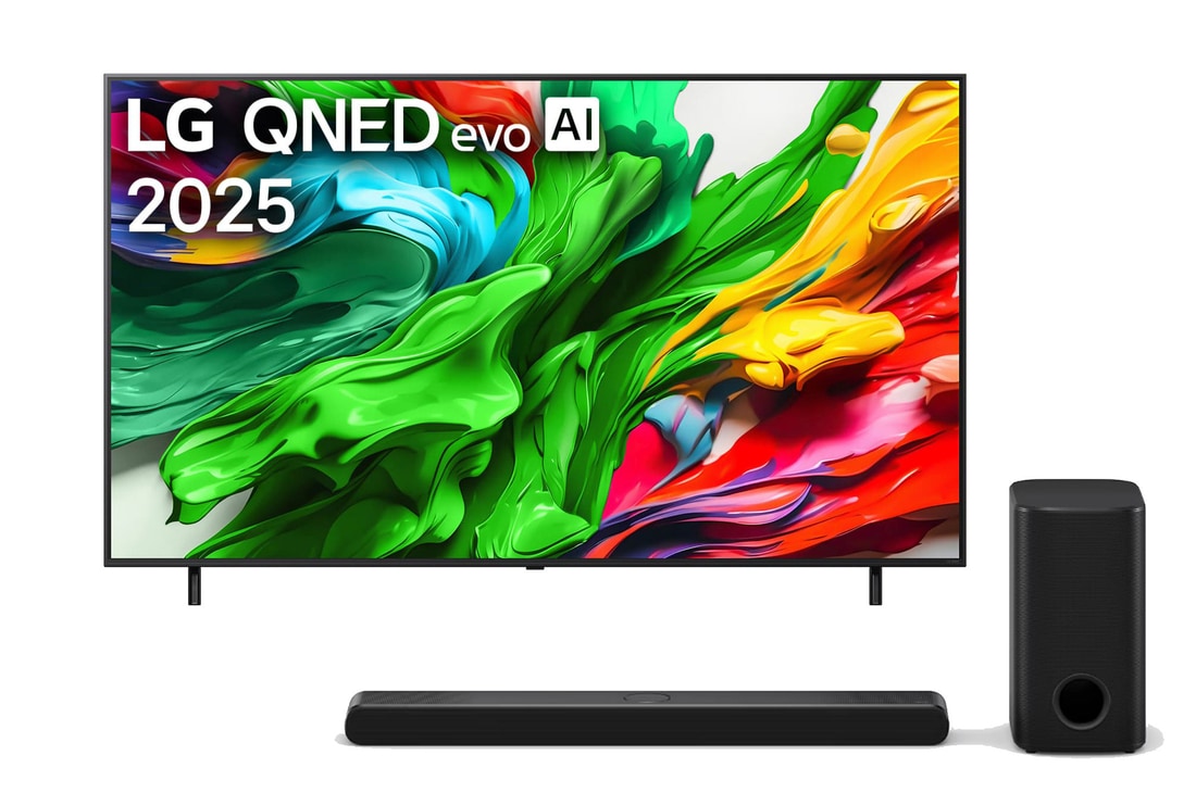 Front view of LG QNED evo TV, LG QNED evo AI Logo on the top left corner of the TV. LG QNED evo TV depicts colorful paintlike textures coming together in green, red, yellow, blue and purple.