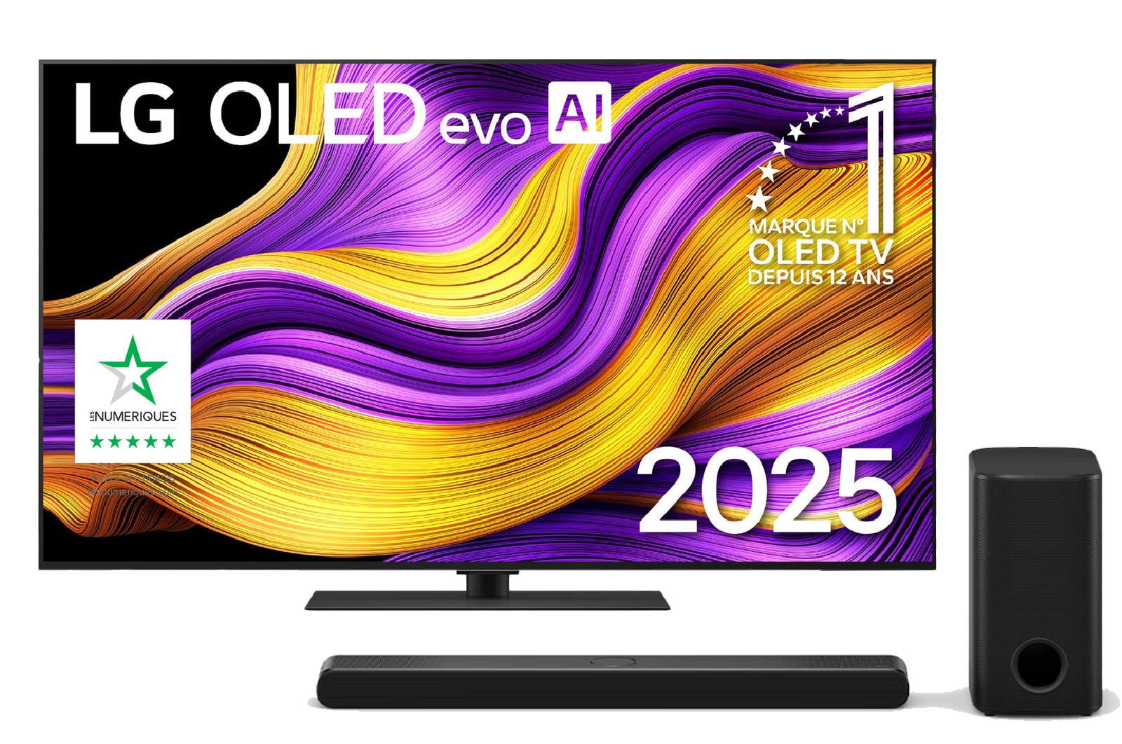 Front view of LG OLED evo AI G5 4K Smart TV. 12 Years of world number 1 OLED emblem and LG OLED evo AI 2025 logo are on the screen.