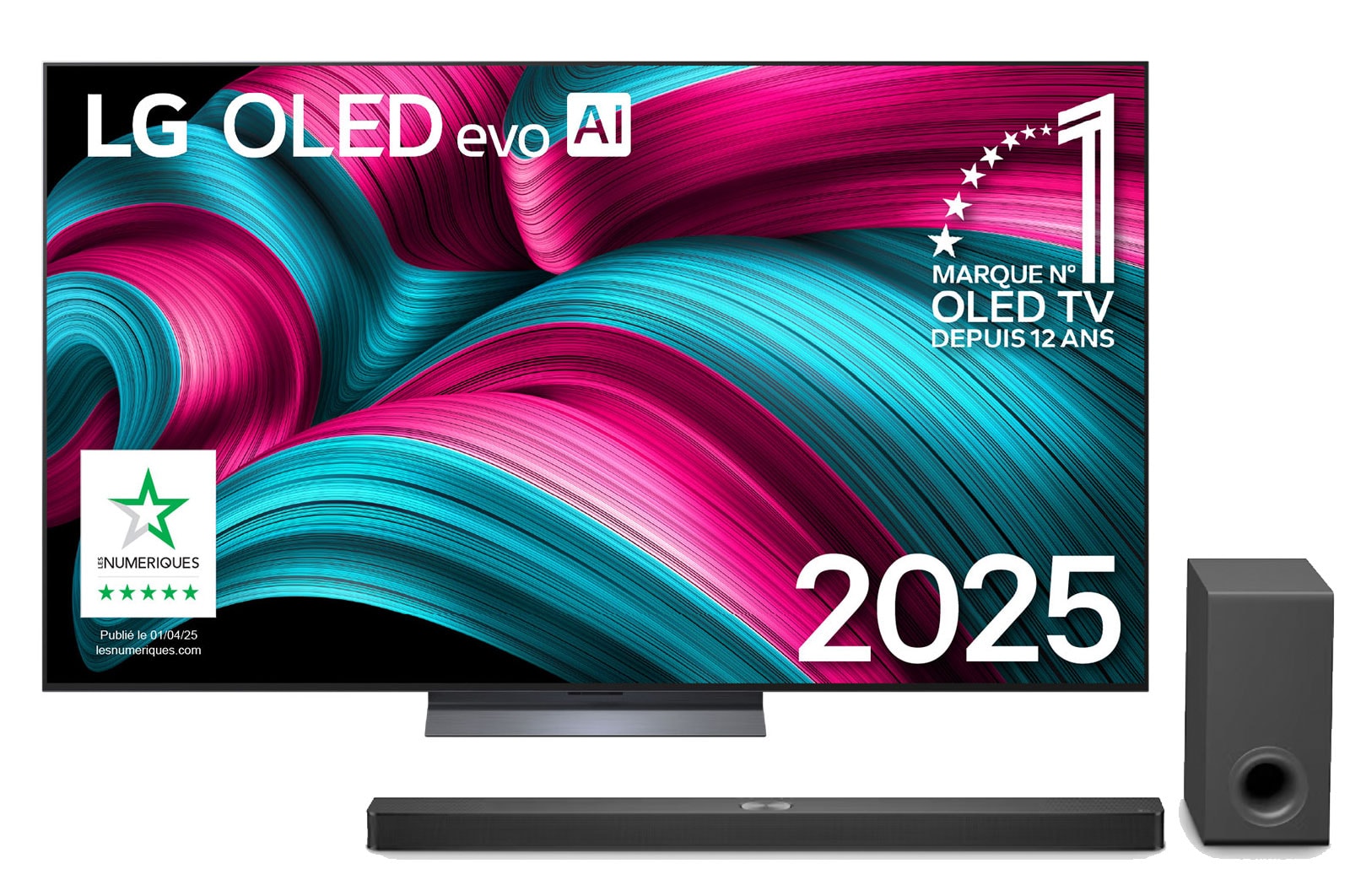 Vue avant de la Smart TV LG OLED evo AI C5 4K. L’emblème OLED numéro 1 dans le monde pendant 12 ans et le logo LG OLED evo AI 2025 sont à l’écran.