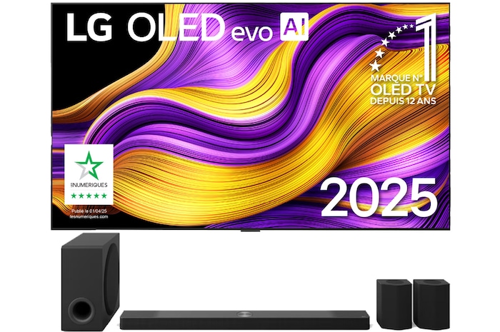Vue avant du Pack 77 pouces (195 cm) LG OLED evo AI G5 4K Smart TV 2025 + Barre de son S95TR