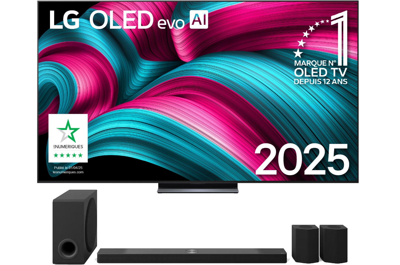 Front view of LG OLED evo AI C5 4K Smart TV. 12 Years of world number 1 OLED emblem and LG OLED evo AI 2025 logo are on the screen.