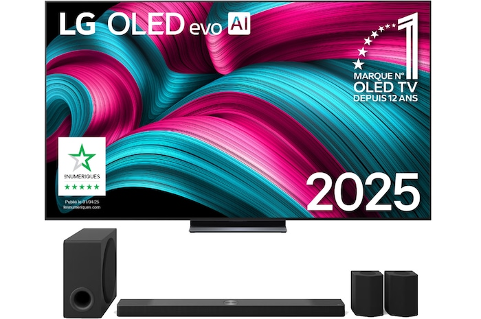 Vue avant du Pack 83 pouces (210 cm) LG OLED evo AI C5 4K Smart TV 2025 + Barre de son S95TR