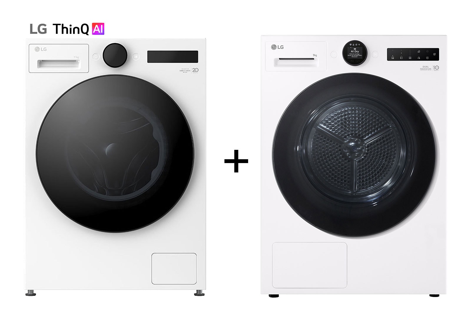 Vue avant de Pack Lave-linge 11 kg | Molette avec écran LCD intégré | AI DD™ +Sèche linge 9 kg | Molette écran LCD LG F14X76WHST.RH9X76W