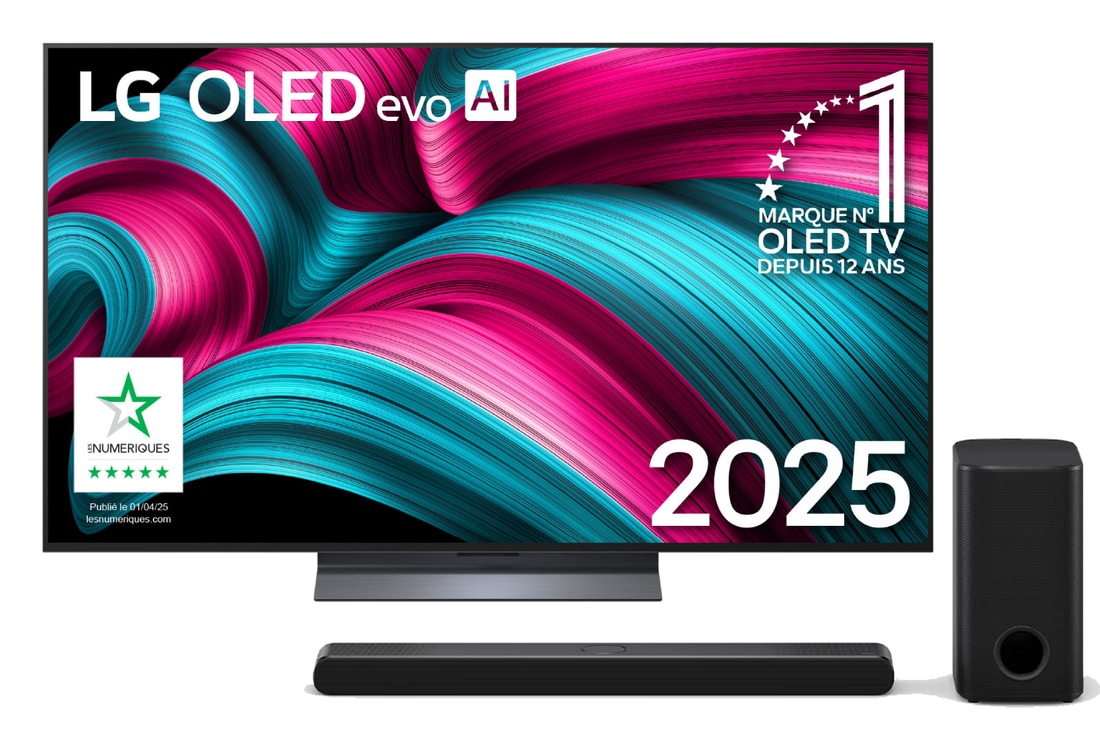 Vue avant du Pack 55 pouces (139 cm) LG OLED evo AI C5 4K Smart TV 2025 + Barre de son S77TY