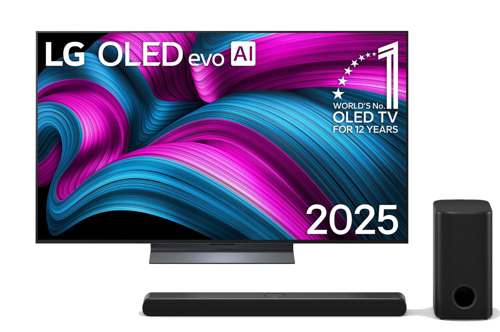 Vue avant du téléviseur LG OLED evo AI G5 4K Smart TV. L'emblème OLED numéro 1 mondial depuis 12 ans et le logo LG OLED evo AI 2025 apparaissent à l'écran.