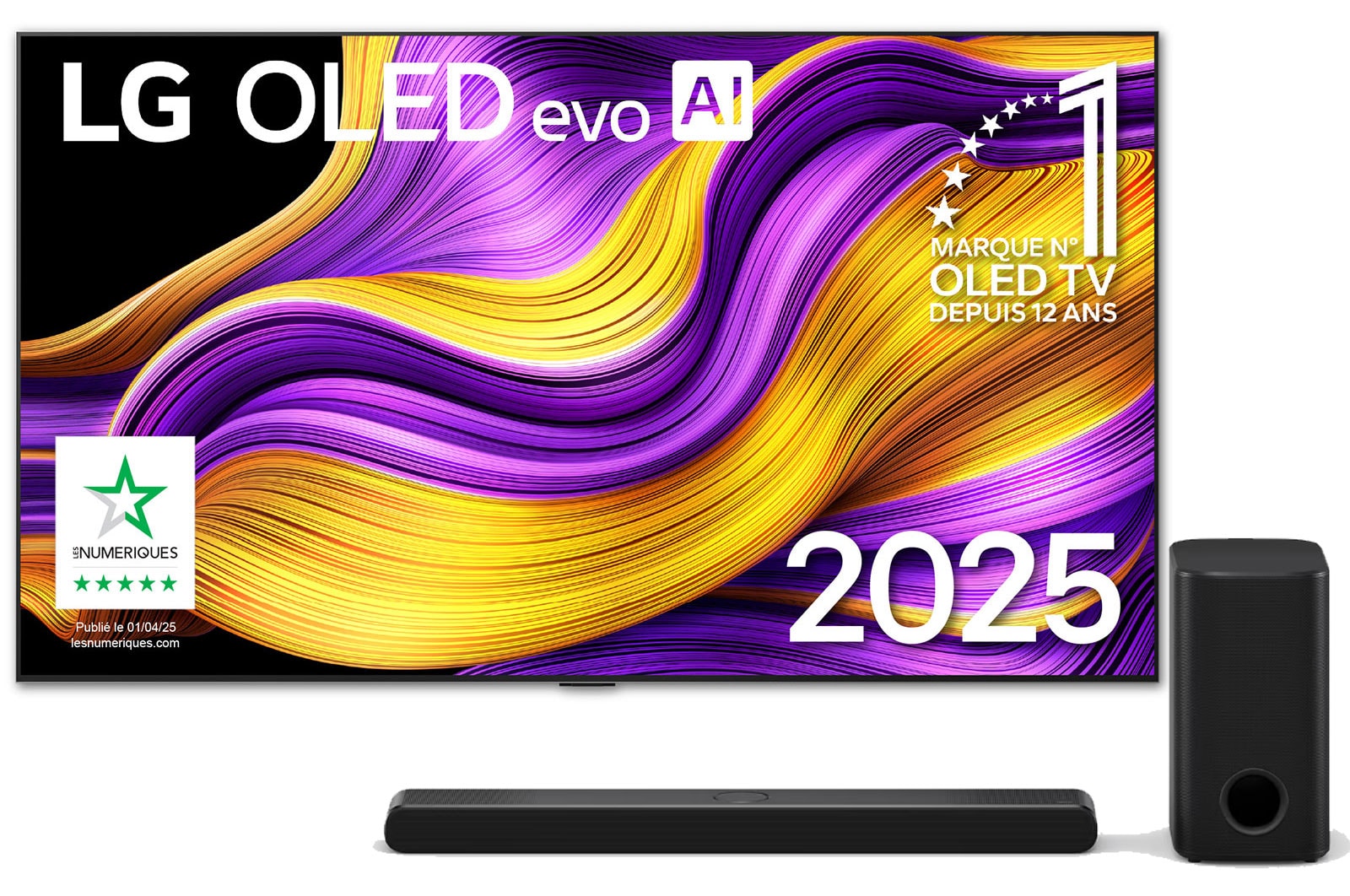 Front view of LG OLED evo AI G5 4K Smart TV. 12 Years of world number 1 OLED emblem and LG OLED evo AI 2025 logo are on the screen.
