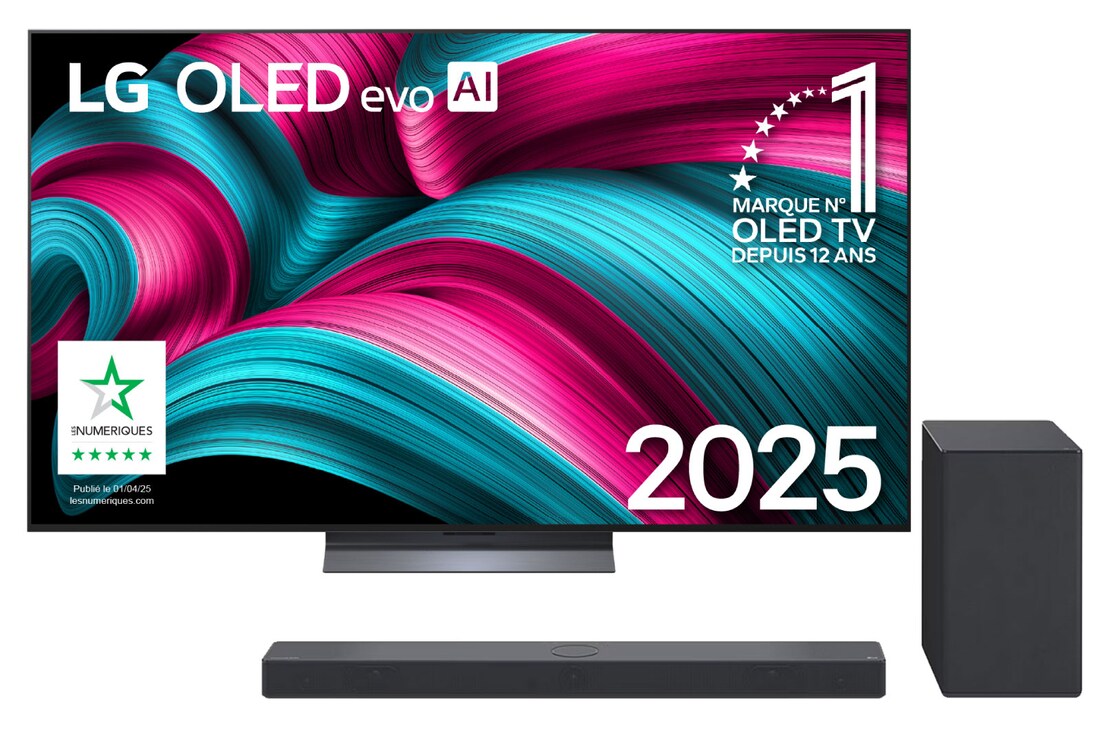Vue avant du téléviseur LG OLED evo AI G5 4K Smart TV. L'emblème OLED numéro 1 mondial depuis 12 ans et le logo LG OLED evo AI 2025 apparaissent à l'écran.