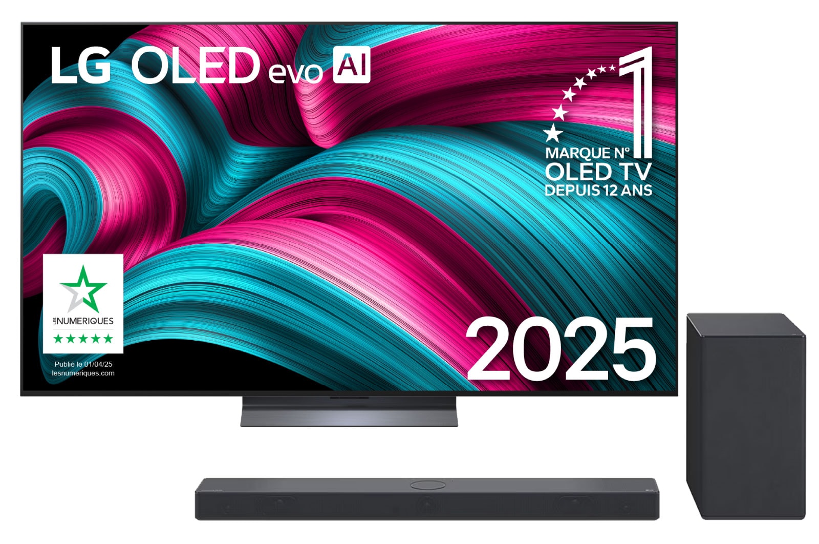 Vue avant du téléviseur LG OLED evo AI G5 4K Smart TV. L'emblème OLED numéro 1 mondial depuis 12 ans et le logo LG OLED evo AI 2025 apparaissent à l'écran.