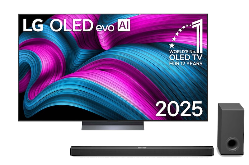 Vue avant de Pack 65 pouces (164 cm) LG OLED evo AI C5E 4K Smart TV 2025 + Barre de son S90TY LG OLED65C5ELB.S90TY